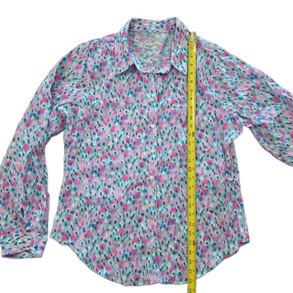 Lilly Pulitzer Sea View Linen Button Down Shirt XL Hottie Dottie Pink Blue - Picture 2 of 5